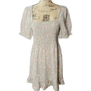 Green Floral Off Shoulder Puff Sleeve Ruffled Boho Prairie Mini Dress Charmed He